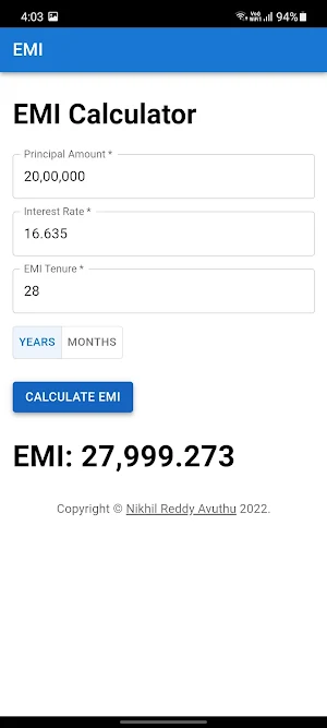 EMI Interest Rate Calculator Screenshot 2