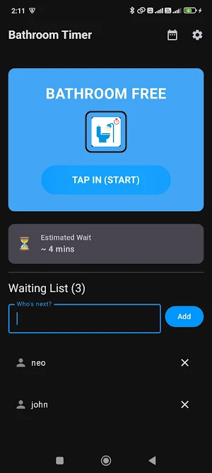 Bathroom Queue Timer Screenshot 2
