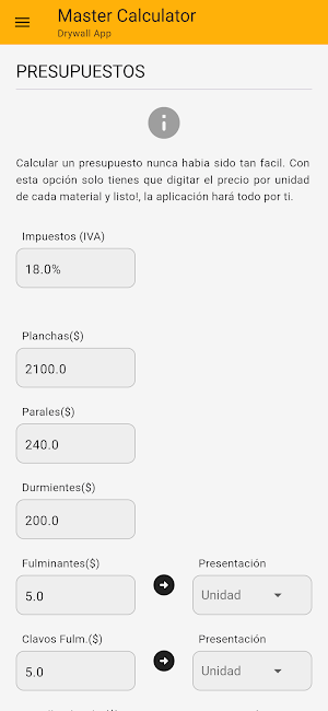 Calculadora - Muros Drywall Screenshot 2