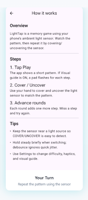 LightTap: Sensor Memory Games Screenshot 2