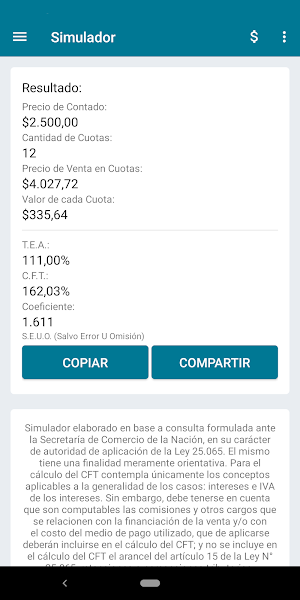 Simulador de Financiación en Cuotas Argentina Screenshot 2