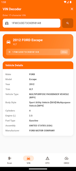 Hazard: VIN & OBD2 Scanner Screenshot 1