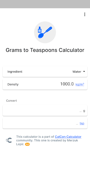 Grams to Teaspoons Calculator Screenshot 0