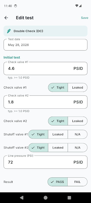 Backflow Test Report Log Screenshot 3