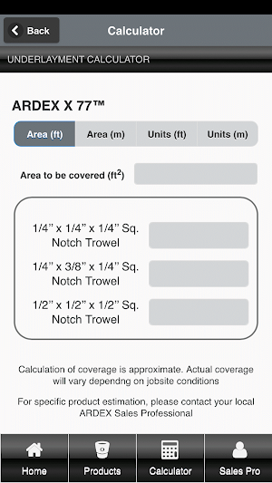 ARDEX Americas Product Calc. Screenshot 3