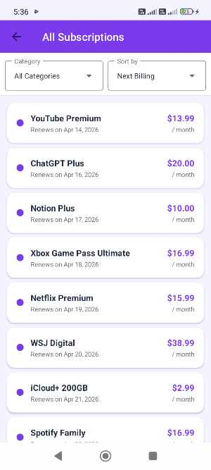 Subscription Tracker Manager Screenshot 1