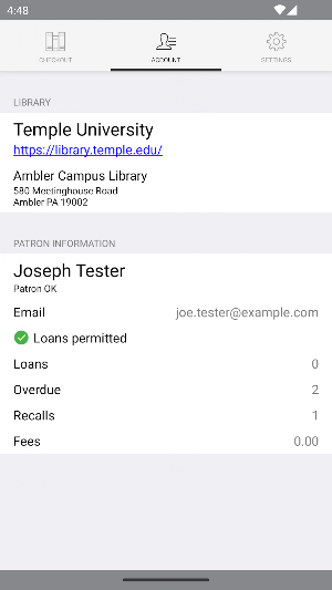 Temple Libraries Self-Checkout Screenshot 2
