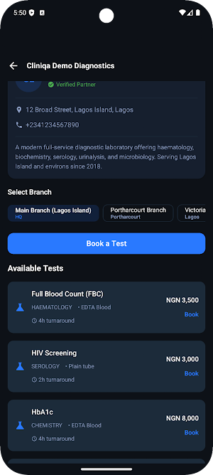 Cliniqa: Lab Results & Booking Screenshot 2