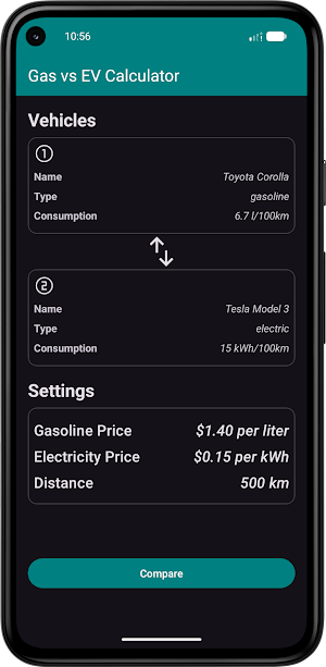 Gas Vs EV Fuel Cost Calculator Screenshot 0