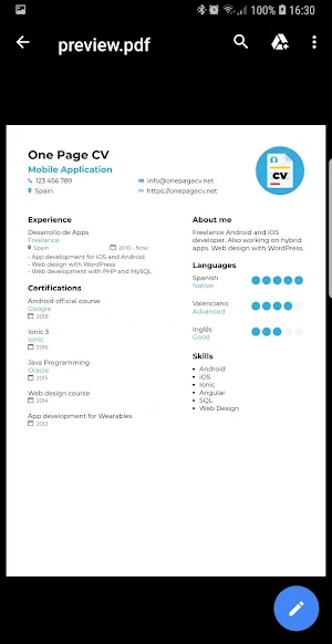 One Page CV - Create Resume PDF Screenshot 0
