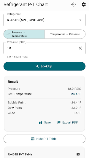 HVAC Refrigerant P-T Chart Screenshot 1