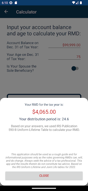 RMD Calculator Screenshot 2