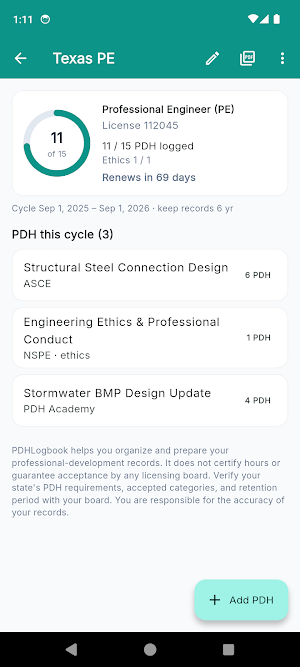 PDHLogbook: PE CE Hours Log Screenshot 1