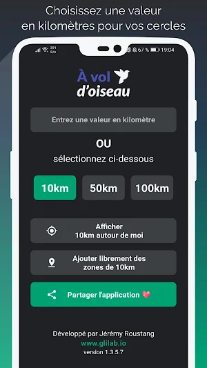 À vol d'oiseau cercles distance 10km 50 et 100km Screenshot 1