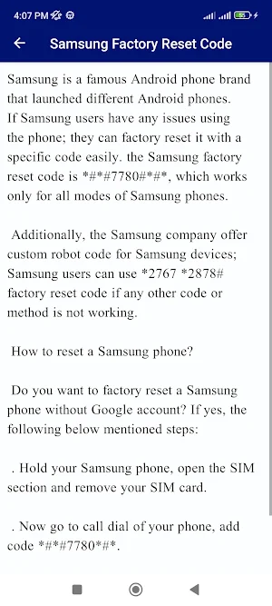 Master Reset Code Mobile Guide Screenshot 1